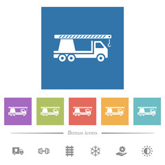 Crane truck flat white icons in square backgrounds