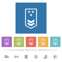Military insignia with two chevrons and three stars flat white icons in square backgrounds