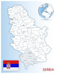 Detailed Serbia administrative map with country flag and location on a blue globe.