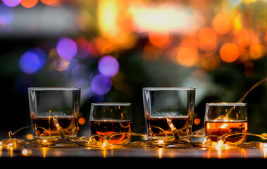 Cheers clinking of friends in party. Whisky In A Glass. Light Bokeh Background.
