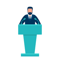 Man in conference suit on podium, tribune. Speech by people leader, businessman, head, teacher. Presidential debate, political elections. Vector illustration