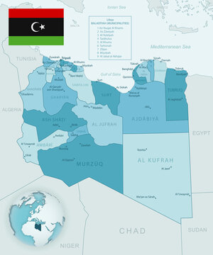 Blue-green detailed map of Libya administrative divisions with country flag and location on the globe.