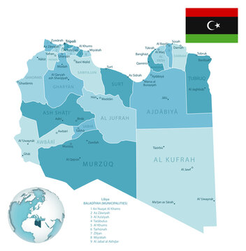 Libya administrative blue-green map with country flag and location on a globe.