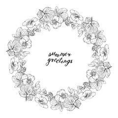 Hand drawn monochrome pansy flowers circular wreath. Floral design element. Isolated on white background. Vector illustration.