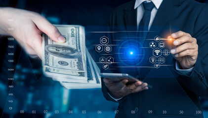 Businessman using tablet and laptop analyzing sales data and economic growth graph chart. Business strategy. Digital marketing.