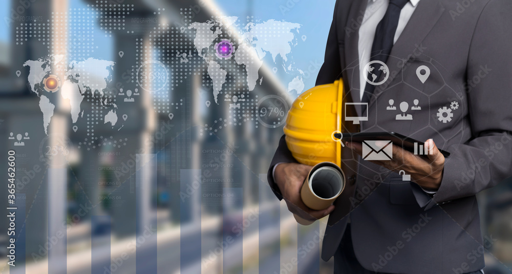 Poster double exposure engineering using tablet digital technology interfaces icon with construction cranes