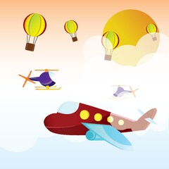helicopter, plane and hot air balloons