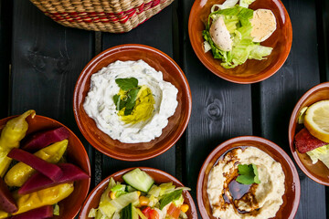Plates of mezze at a restaurant.