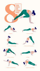 Fototapeta na wymiar Set of yoga postures female figures.yoga poster Of 8 yoga poses for Strong Arms. Woman figures exercise in sportswear. .Vector Illustration.