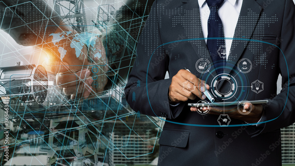 Poster double exposure engineering using digital technology interfaces icon with construction cranes no cit