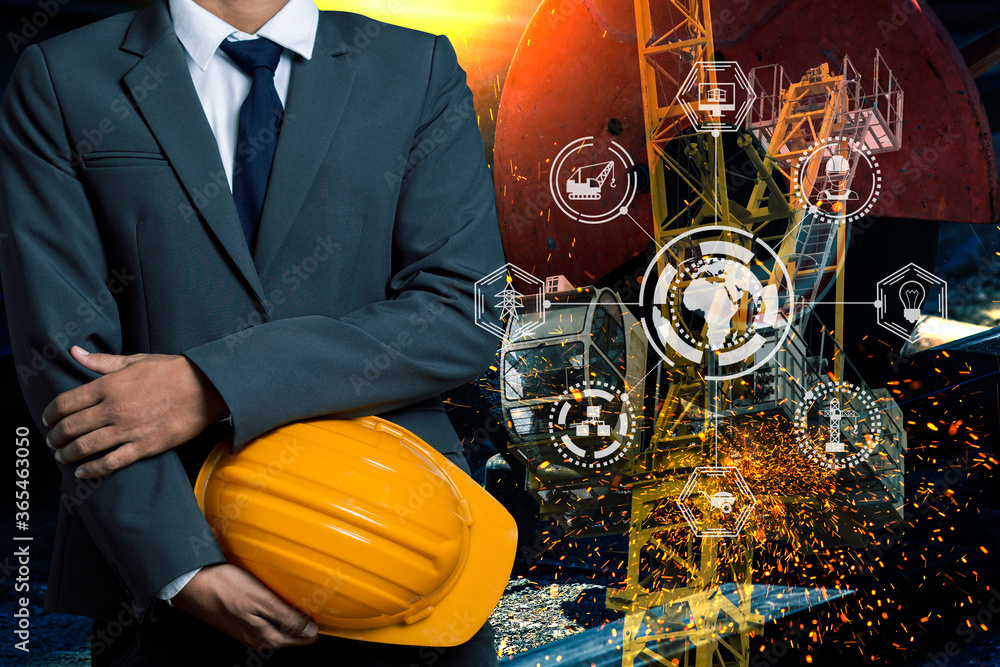 Poster double exposure engineering using digital technology interfaces icon with construction cranes no cit