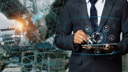 Double exposure engineering using digital technology interfaces icon with construction cranes no city background.