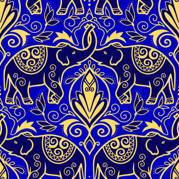 Seamless ornamental pattern element with elephants. Vector illustration.