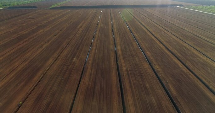 Brown peat production harvesting field in drained bog landscape aerial view