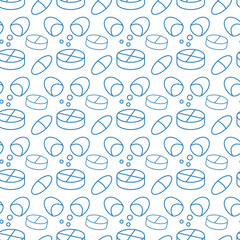 Seamless pattern with blue pills on white background.