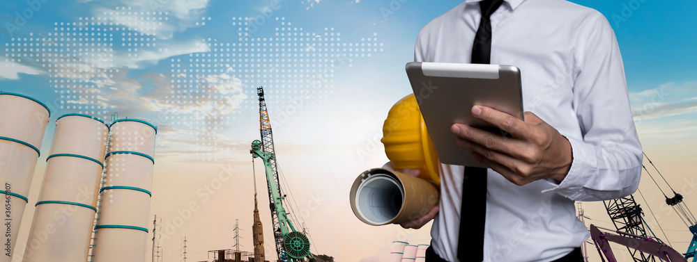 Poster double exposure engineering using digital technology interfaces icon with construction cranes no cit