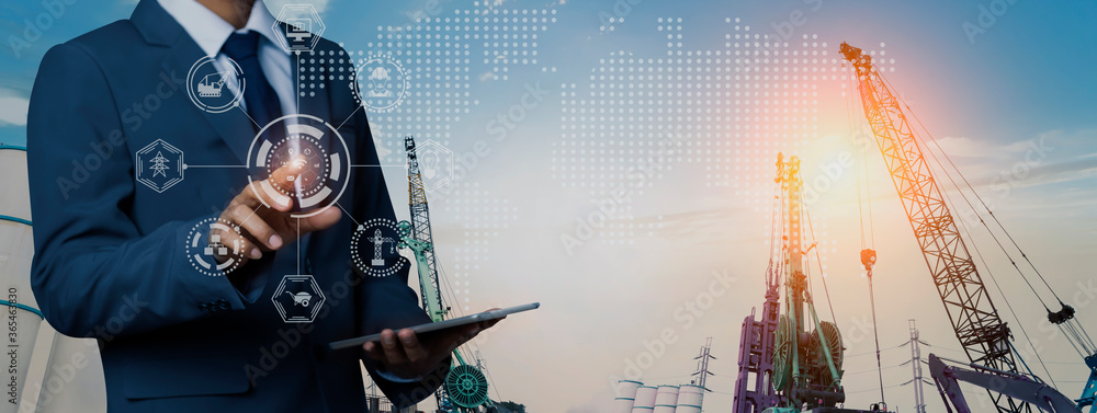 Poster double exposure engineering using digital technology interfaces icon with construction cranes no cit