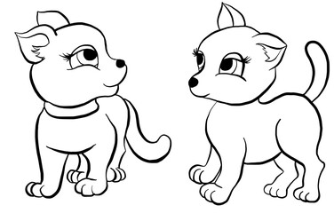 Outline cute cat in different poses. Vector cartoon flat illustration. Funny kitty isolated on white background.