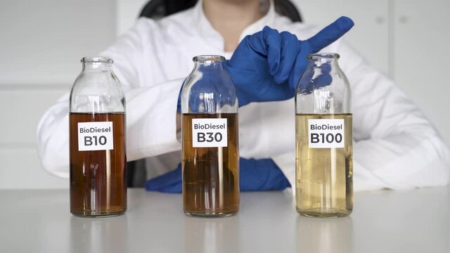 Scientist girl chooses a glass flask with B10 biodiesel
