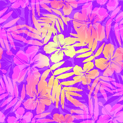 Fototapeta na wymiar Yellow and pink colors tropic flowers vector seamless pattern tile