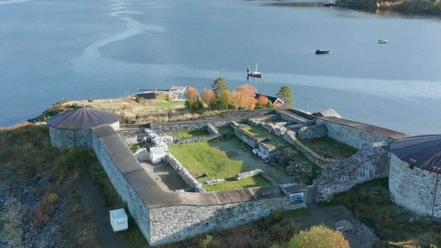 Aerial view of the Steinvikholm Castle. It  is an island fortress on the Skatval peninsula near Stj&oslash;rdal in Tr&oslash;ndelag county, Norway.