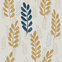 Seamless pattern of grass and leaves on a beige background.