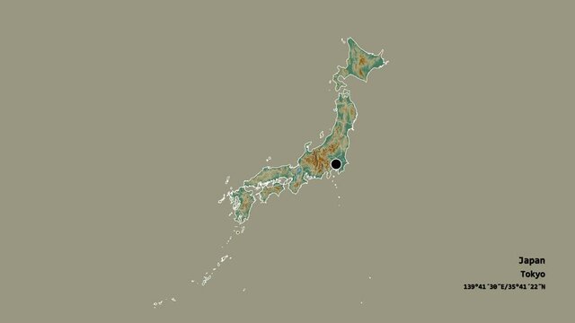 Kochi, prefecture of Japan, with its capital, localized, outlined and zoomed with informative overlays on a relief map in the Stereographic projection. Animation 3D