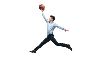 Achieves. Man in office clothes playing basketball on white background like professional player, sportsman. Unusual look for businessman in motion, action with ball. Sport, healthy lifestyle