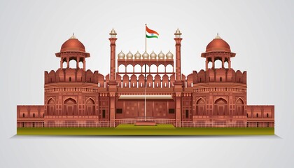 Red Fort in New Dehli, India. stylish historic sight showplace attraction  vector illustration.World Heritage Site. - obrazy, fototapety, plakaty
