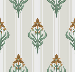 Seamless floral ornament in art Deco style. Ornithogalum umbellatum, the garden star-of-Bethlehem, grass lily, nap-at-noon, or eleven-o'clock lady.