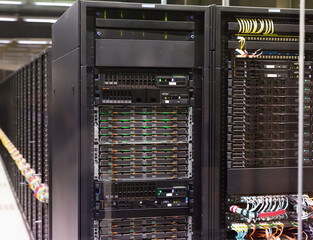 Closeup of modern hardware in server room of data center