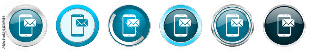 Poster Mail silver metallic chrome border icons in 6 options, set of web blue round buttons isolated on white background