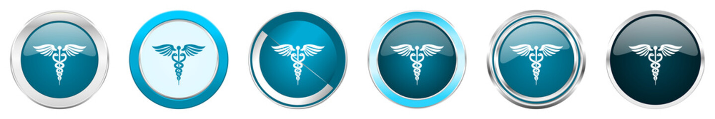 Emergency silver metallic chrome border icons in 6 options, set of web blue round buttons isolated on white background