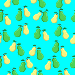 Seamless pattern with pears. Green and yellow pears on blue background. Modern abstract design for tablecloth, paper, cover, fabric, interior decor and other users.