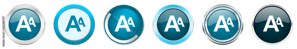 Aufkleber alphabet silver metallic chrome border icons in 6 options, set of web blue round buttons isolated on