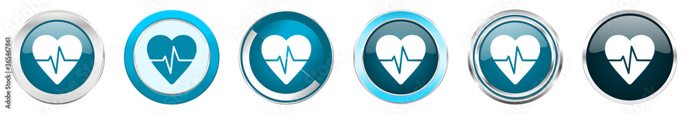 Fototapete pulse silver metallic chrome border icons in 6 options, set of web blue round buttons isolated on wh