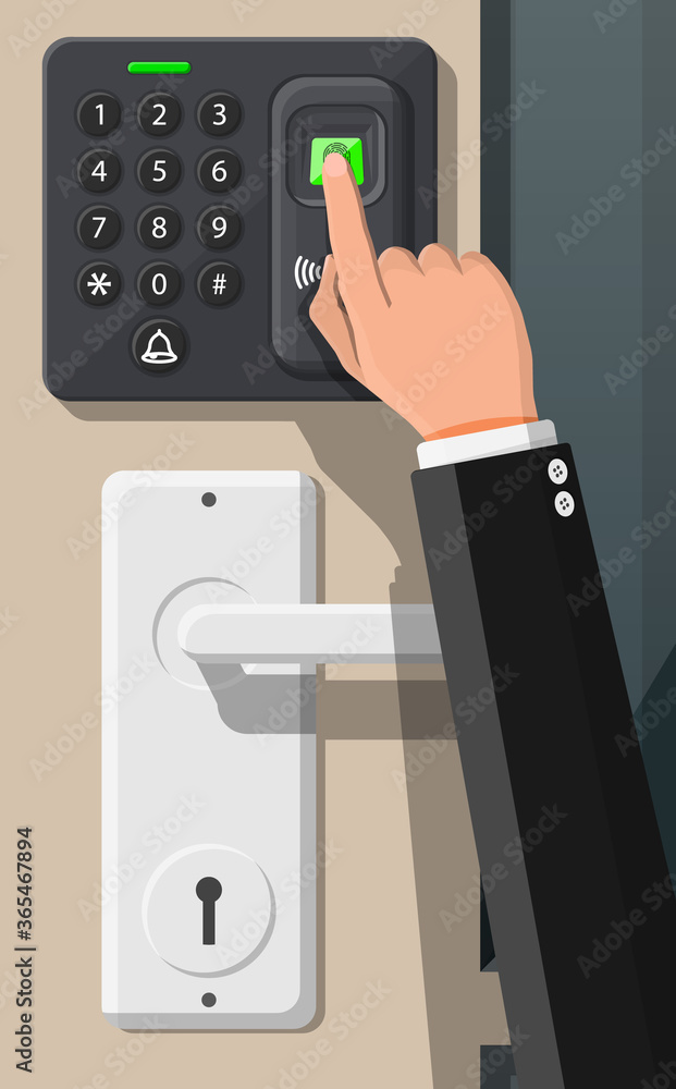 Poster password and fingerprint security device at office or home door. access control machine or time the 
