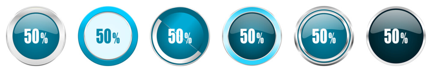 50 percent silver metallic chrome border icons in 6 options, set of web blue round buttons isolated on white background