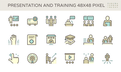 Presentation and training vector icon set design, 48X48 pixel perfect and editable stroke.