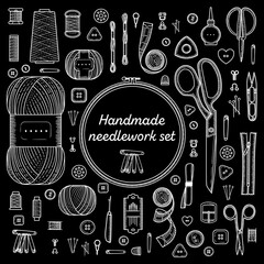 Set of sewing items monochrome color. Handmade, sewing, embroidery, needlework supplies on a black background.