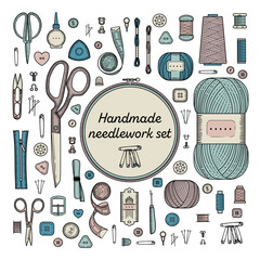 Sewing accessories set. Handmade, sewing, embroidery, needlework supplies.
