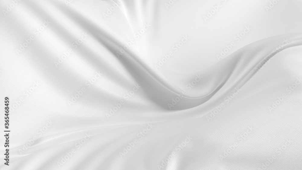 Poster Wavy abstract white silk fabric background. White cloth background with smooth lines. Satin silk close-up with folds and ripples. 3d rendering.