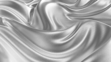 Obraz premium Silver silk wavy fabric abstract background close up. Closeup of rippled silk fabric. Smooth elegant silver-colored silk or satin. 3d rendering.