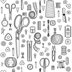 Seamless pattern. Handmade, sewing, embroidery, needlework items on a white background.