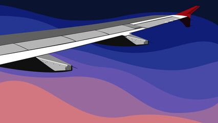 Fototapeta premium The gray wing of an airplane on a blue wavy background.