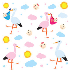 Cute Seamless pattern with storks carrying newborn babies on white background