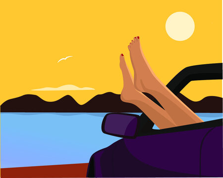 The girl in the car on the background of the sea. Vector illustration for greeting card, poster, or print on clothes. Fashionable style. Beautiful girl
