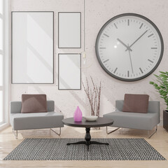 Living room interior background, Scandinavian style, 3D render, 3D illustration