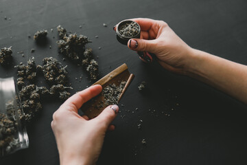 Cannabis use concept. Rolling a marijuana joint. Close up of marijuana blunt with grinder