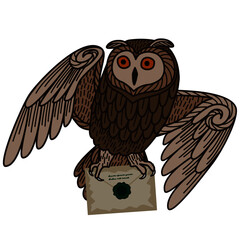 Card with an owl and letters on a white background. The owl postal service.